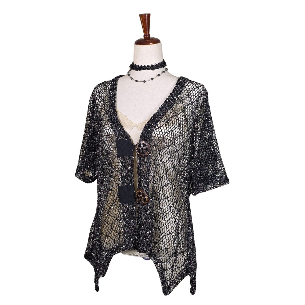Black Open-Knit Short Sleeve Cardigan with Decorative Buttons